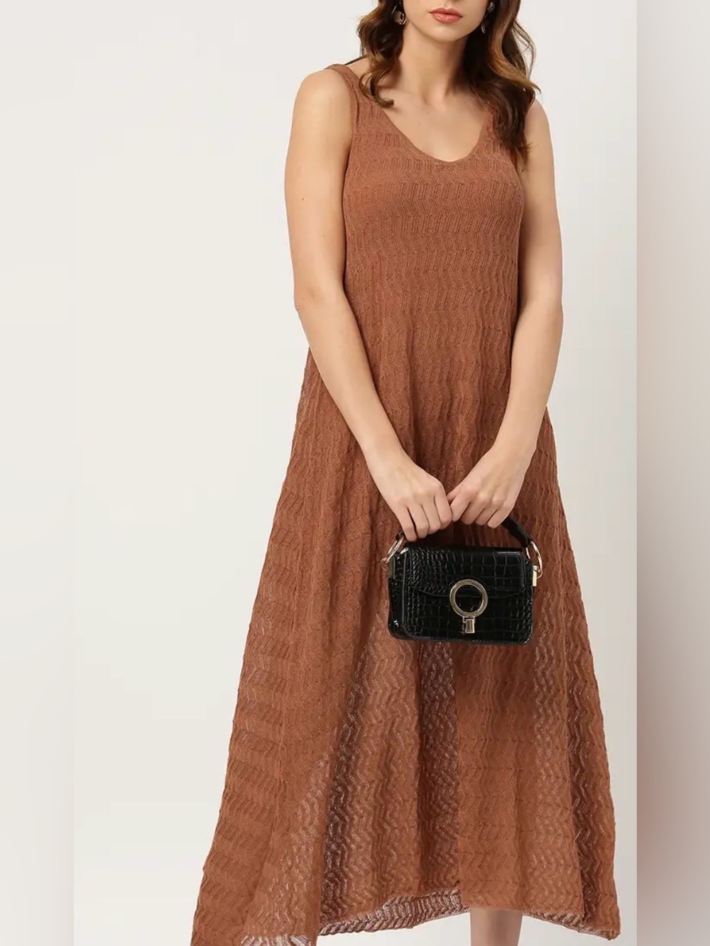 MANGO Rust Brown Linen Blend Knit Midi Dress Semi Sheer Sleeveless Sz US S